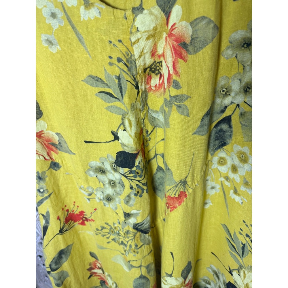 Yellow Floral Linen Maxi Dress V-Neck Sleeveless Boho Pockets Lagenlook 0449 - Picture 3 of 6